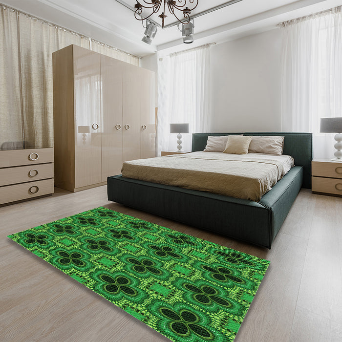 Patterned Deep Emerald Green Rug in a Bedroom, pat2901grn