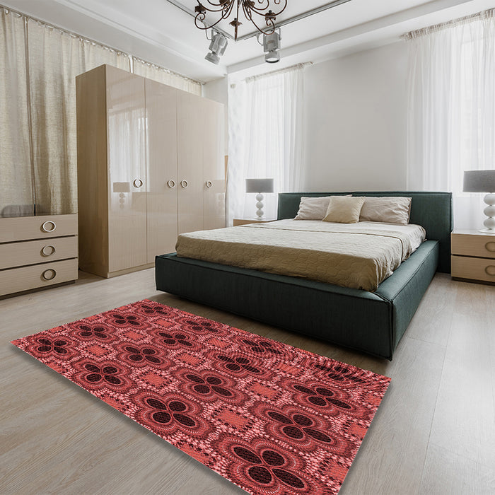 Patterned Cranberry Red Rug in a Bedroom, pat2901rd