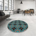 Round Machine Washable Transitional Charcoal Black Rug in a Office, wshpat2901