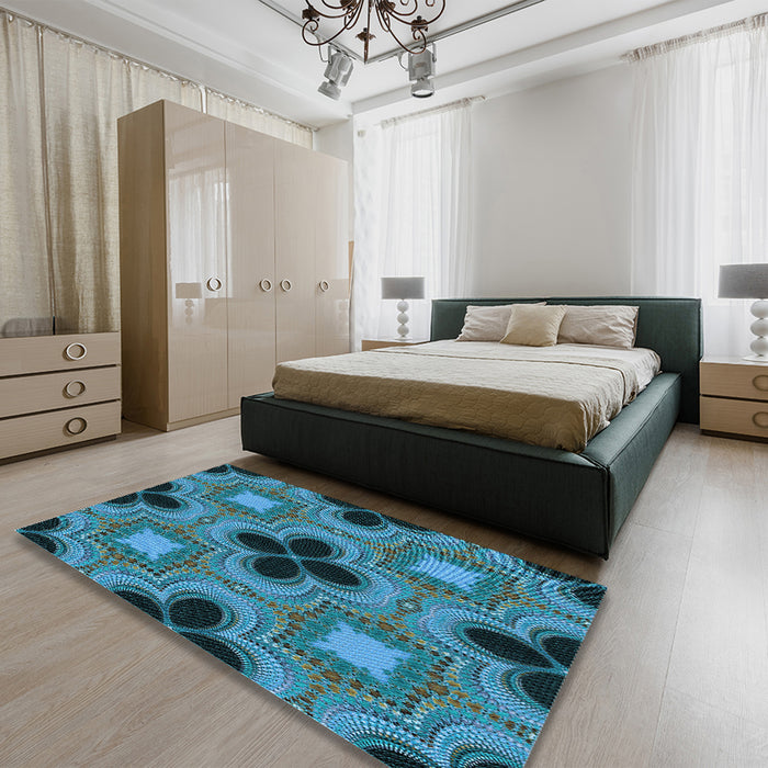 Round Machine Washable Transitional Medium Teal Green Rug in a Office, wshpat2903lblu