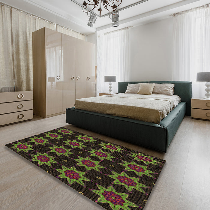 Patterned Chocolate Brown Rug in a Bedroom, pat2905brn