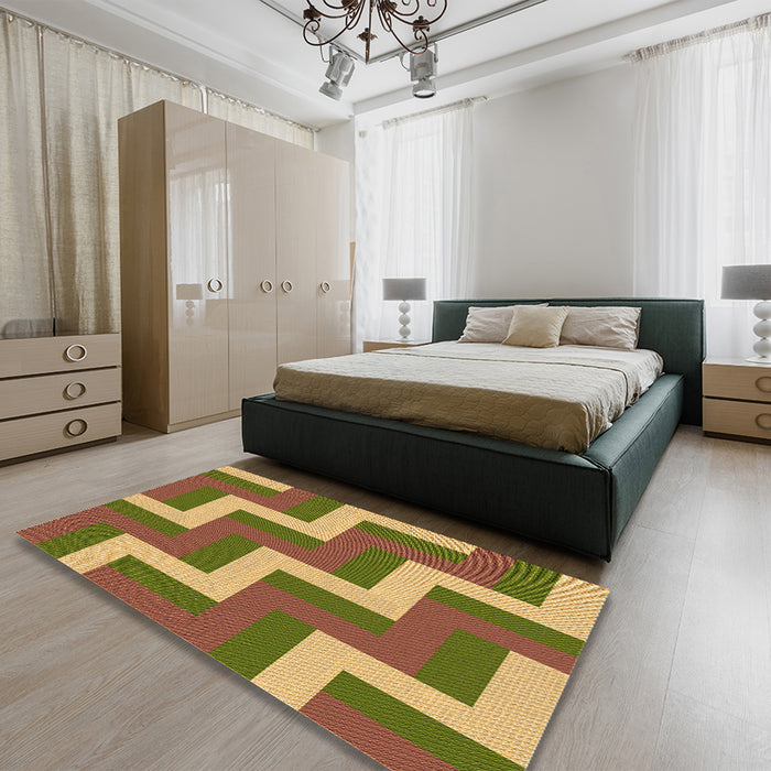 Patterned Mahogany Brown Rug in a Bedroom, pat2906org