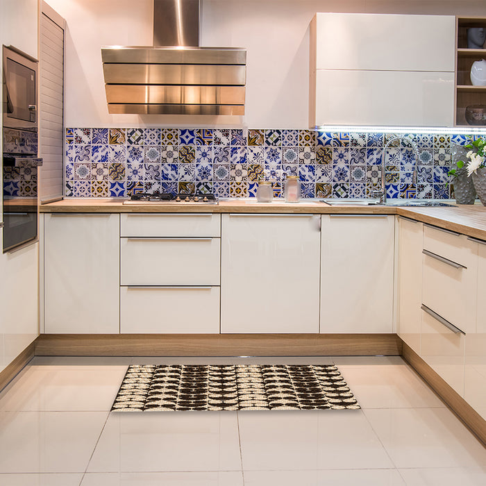 Patterned Black Brown Rug in a Kitchen, pat2907org