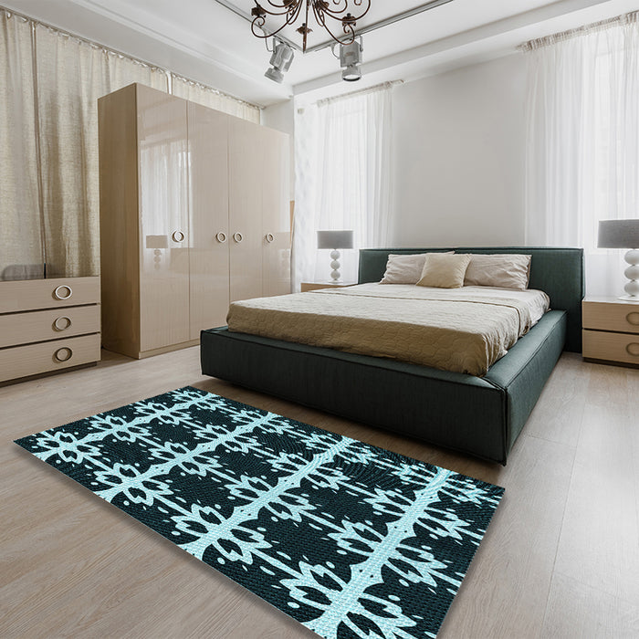 Patterned Deep Teal Green Rug in a Bedroom, pat2908lblu