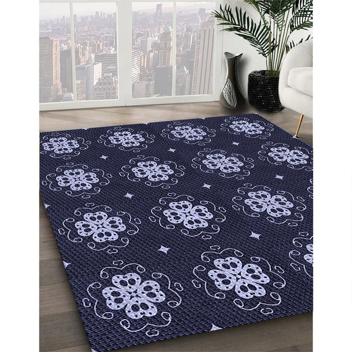 Patterned Night Blue Rug in Family Room, pat2911blu