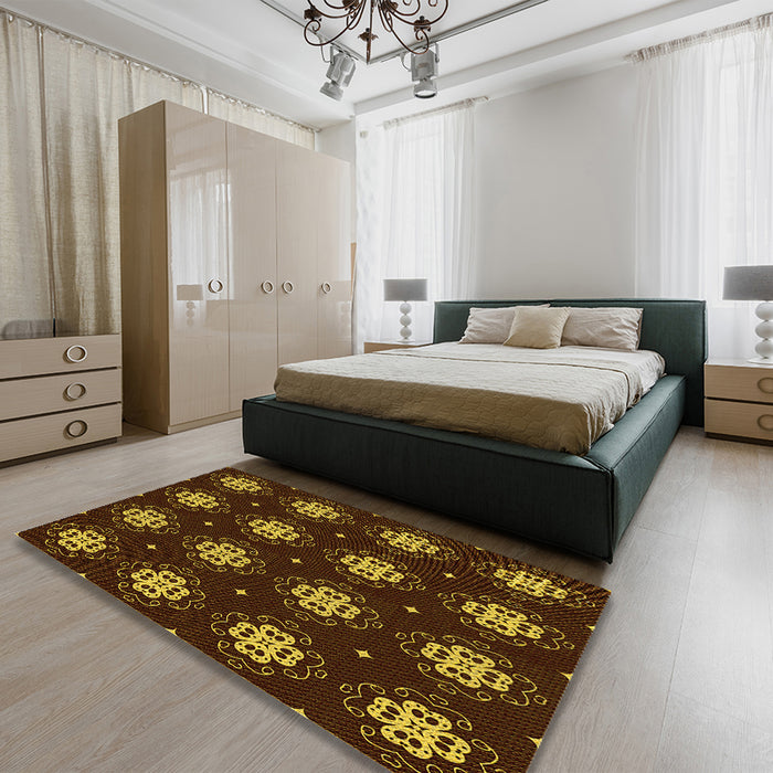 Patterned Red Rug in a Bedroom, pat2911yw