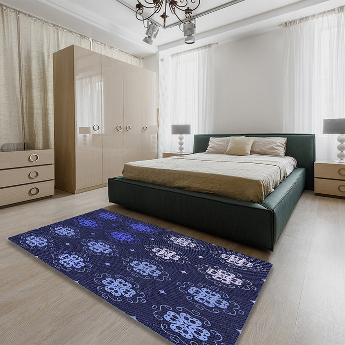 Patterned Night Blue Rug in a Bedroom, pat2913blu
