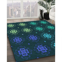 Patterned Dark Cyan Green Rug, pat2913lblu