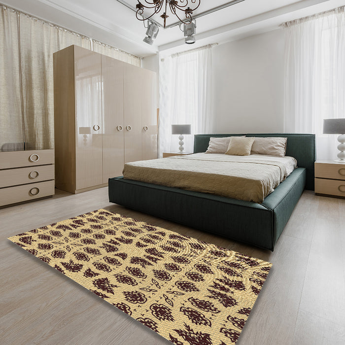 Machine Washable Transitional Mustard Yellow Rug in a Bedroom, wshpat2915