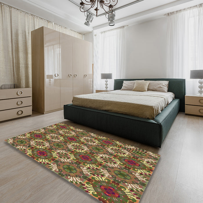 Patterned Brass Green Rug in a Bedroom, pat2917brn