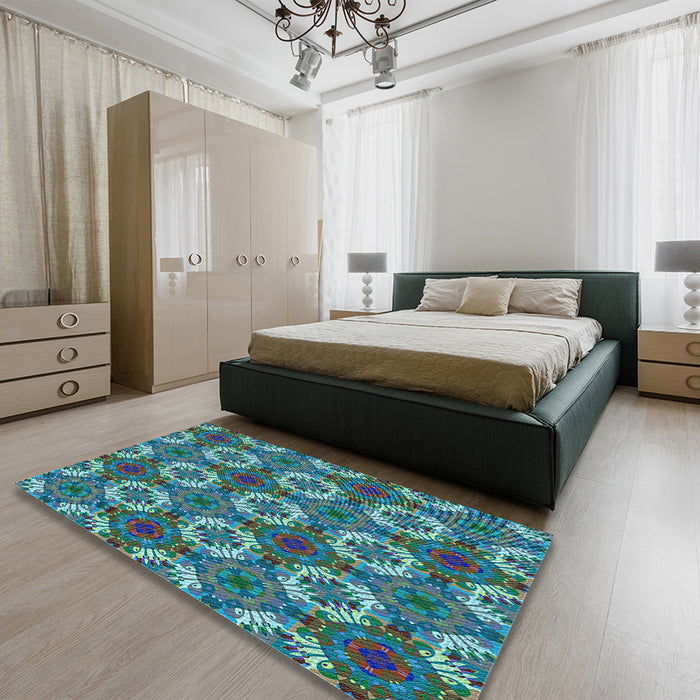 Round Machine Washable Transitional Blue Rug in a Office, wshpat2917lblu
