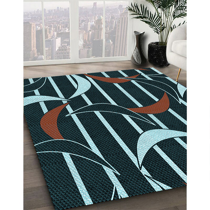 Patterned Deep-Sea Green Rug in Family Room, pat2919lblu