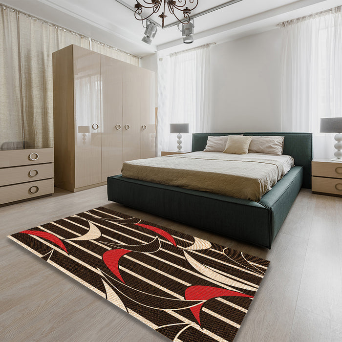 Patterned Black Brown Rug in a Bedroom, pat2919org