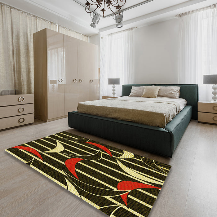 Patterned Black Brown Rug in a Bedroom, pat2919yw
