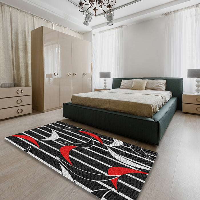 Patterned Black Brown Novelty Rug in a Bedroom, pat2919