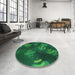 Round Patterned Deep Teal Green Rug in a Office, pat2921grn