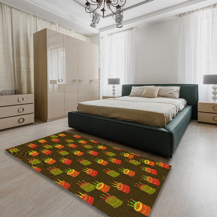 Patterned Dark Yellow Green Rug in a Bedroom, pat2923yw
