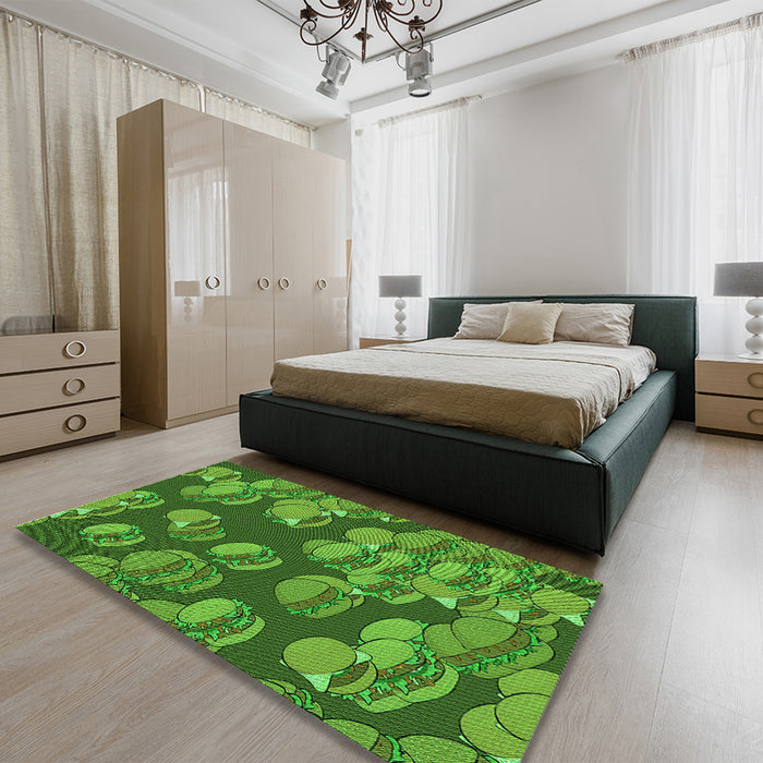 Patterned Green Rug in a Bedroom, pat2924grn