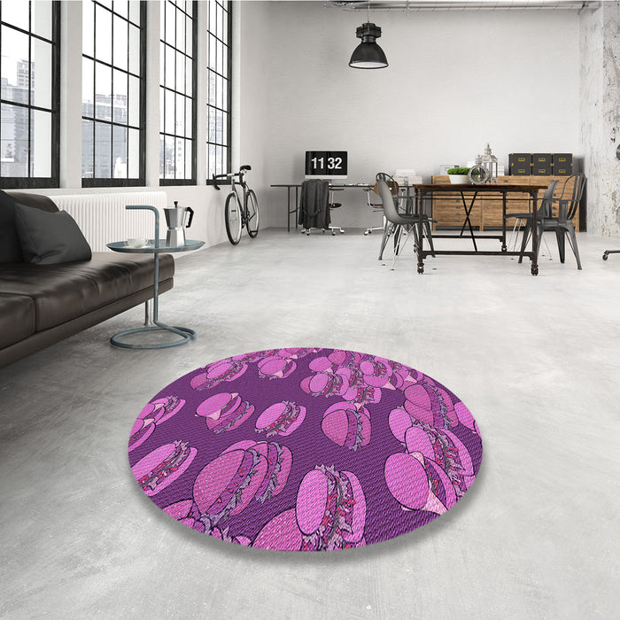 Round Patterned Dark Magenta Purple Rug in a Office, pat2924pur