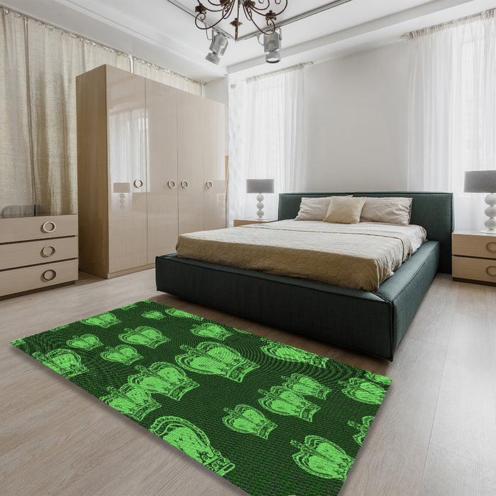 Patterned Dark Forest Green Rug in a Bedroom, pat2927grn