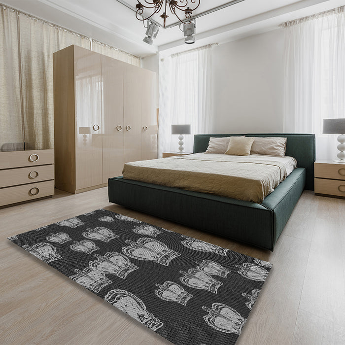 Patterned Charcoal Black Rug in a Bedroom, pat2927gry