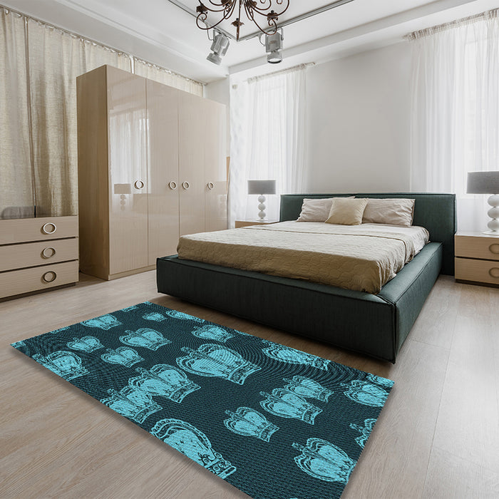 Patterned Dark Turquoise Green Rug in a Bedroom, pat2927lblu