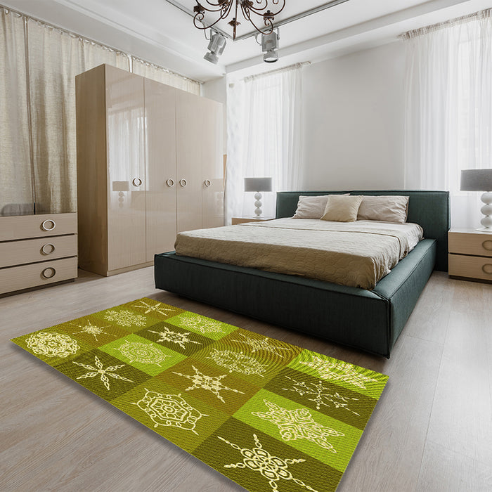 Patterned Dark Yellow Green Rug in a Bedroom, pat293yw