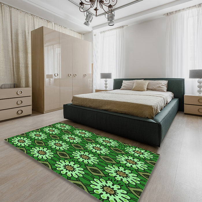 Patterned Dark Forest Green Rug in a Bedroom, pat2934grn