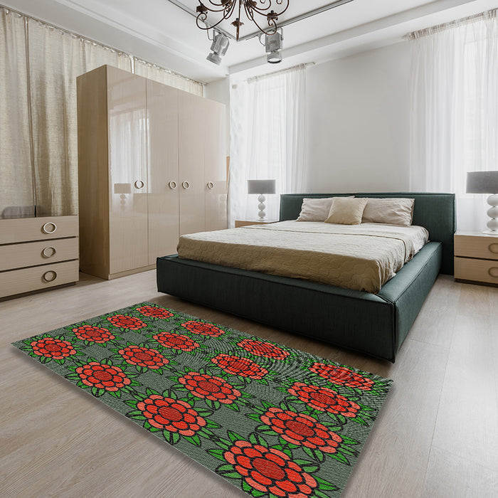 Patterned Fern Green Novelty Rug in a Bedroom, pat2939