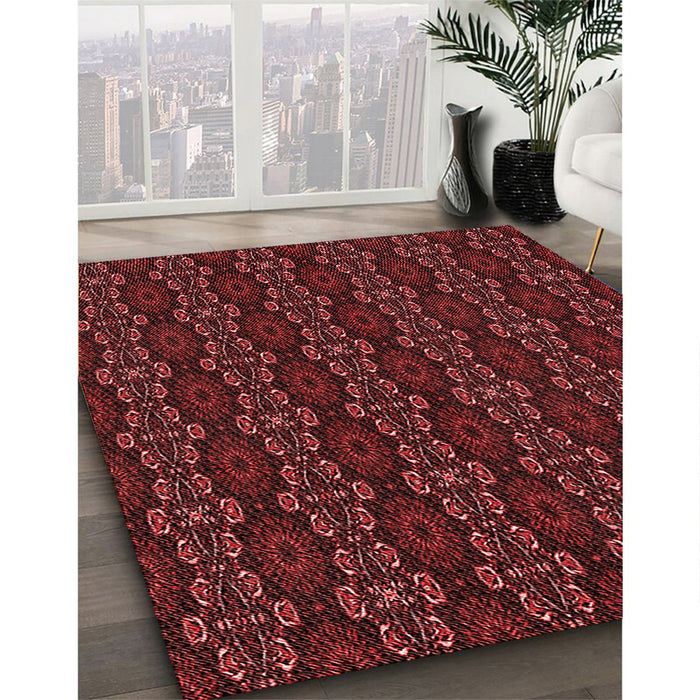Patterned Maroon Red Rug in Family Room, pat294rd