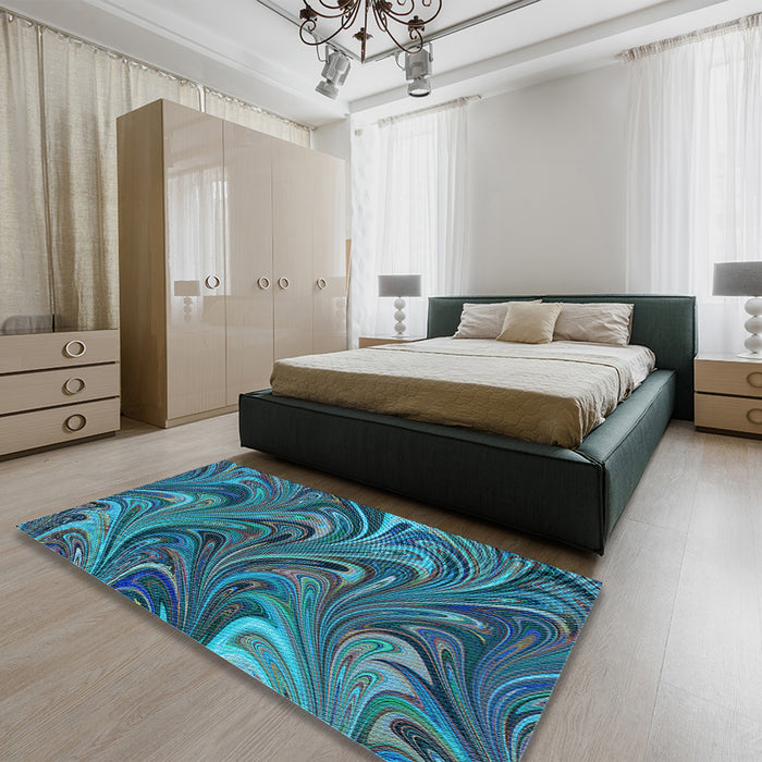 Patterned Dark Turquoise Green Rug in a Bedroom, pat2940lblu