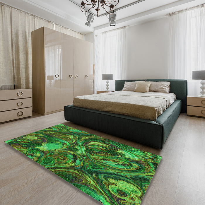 Patterned Dark Forest Green Rug in a Bedroom, pat2941grn