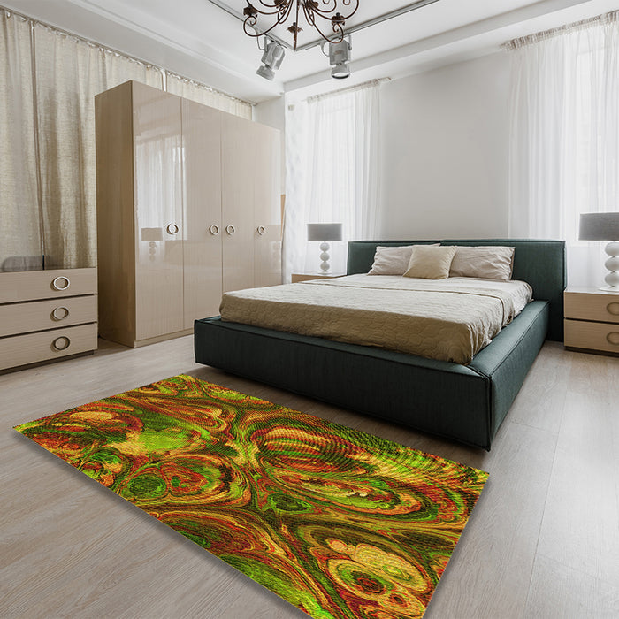 Patterned Tomato Red Rug in a Bedroom, pat2941yw