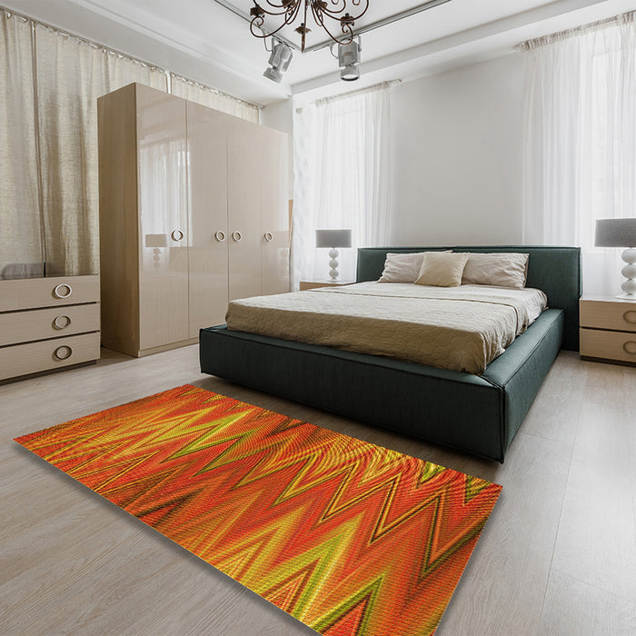 Patterned Neon Orange Rug in a Bedroom, pat2945yw