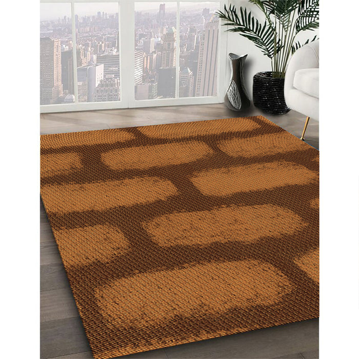 Patterned Neon Orange Rug in Family Room, pat2955org