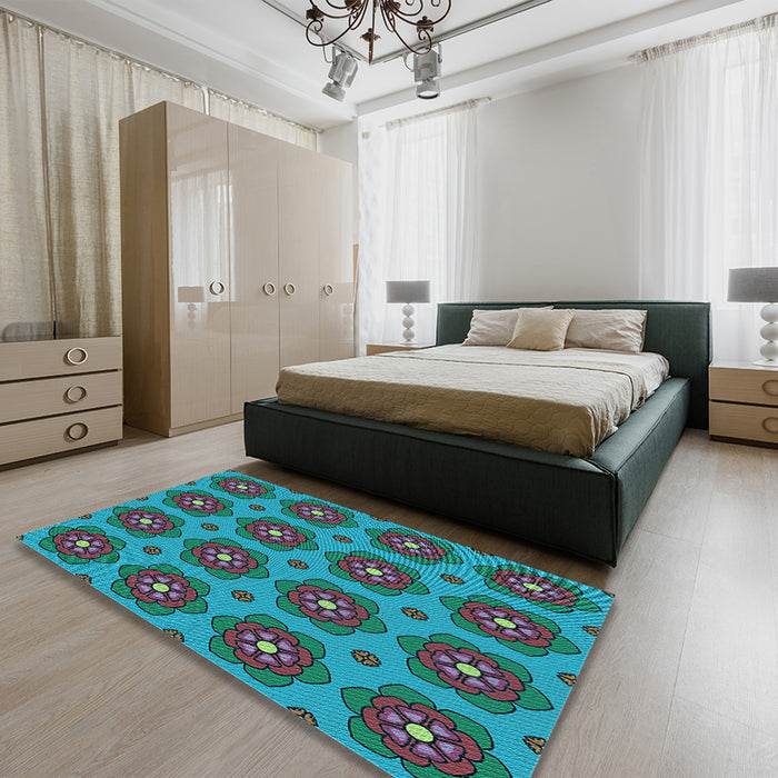 Patterned Dark Turquoise Green Rug in a Bedroom, pat2960lblu