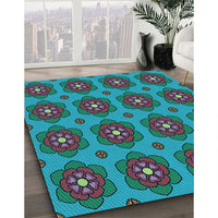 Patterned Dark Turquoise Green Rug, pat2960lblu