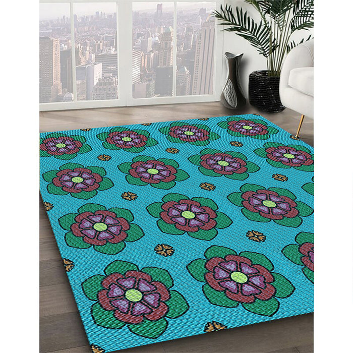 Patterned Dark Turquoise Green Rug in Family Room, pat2960lblu