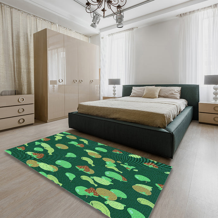 Patterned Dark Forest Green Rug in a Bedroom, pat2961lblu