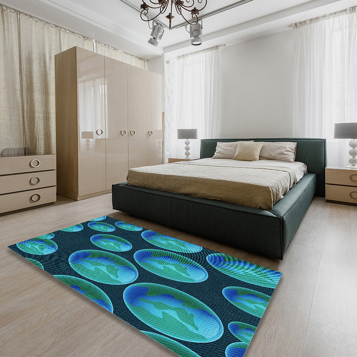 Patterned Dark Turquoise Green Rug in a Bedroom, pat2963lblu