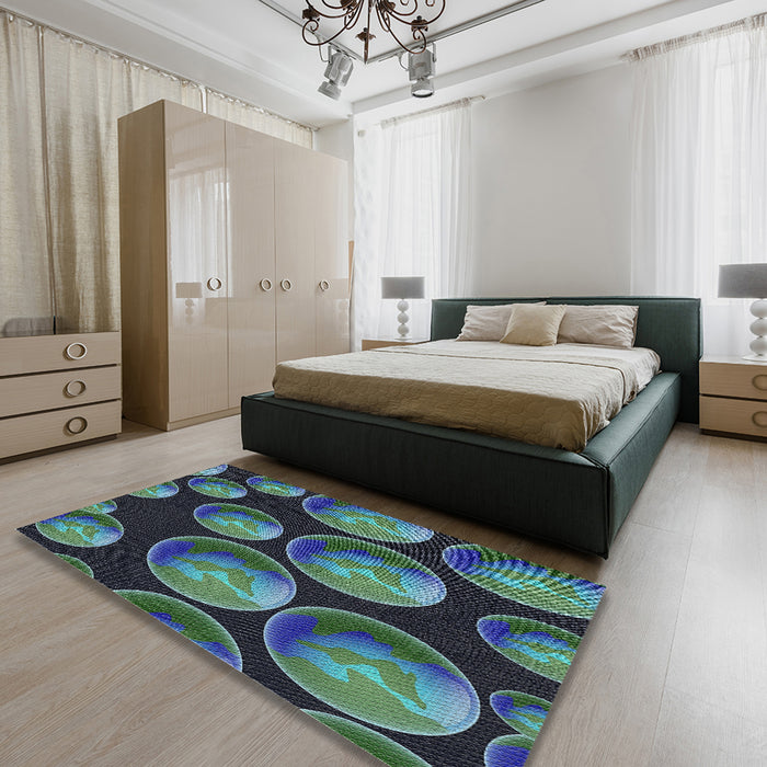 Patterned Deep-Sea Blue Novelty Rug in a Bedroom, pat2963