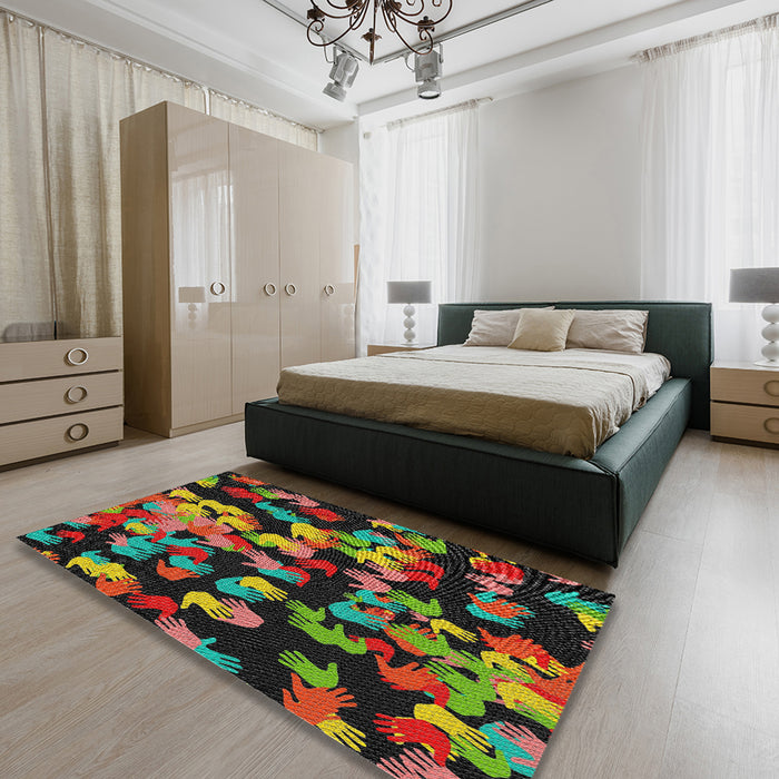 Patterned Khaki Green Modern Rug in a Bedroom, pat2965