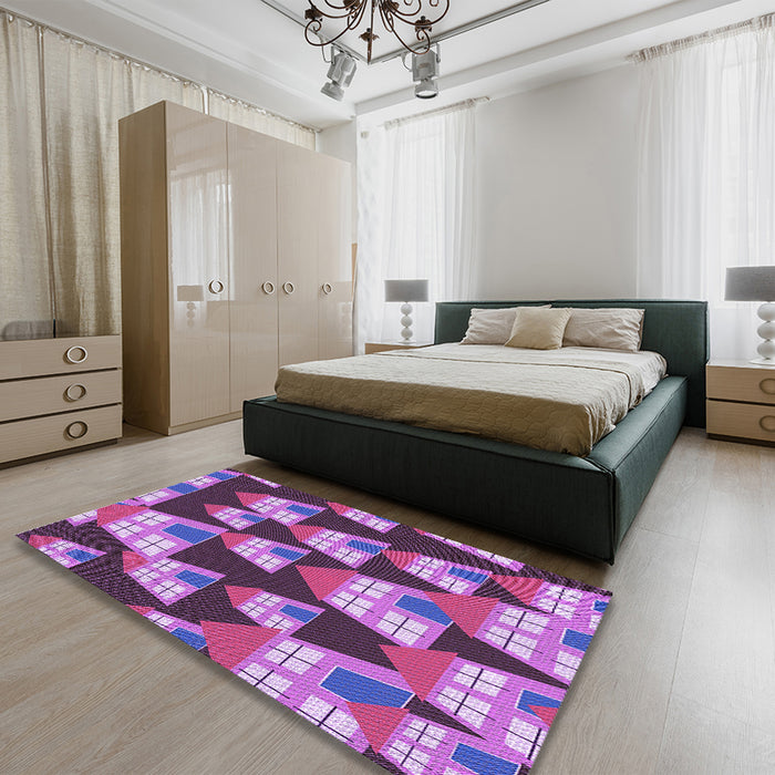 Patterned Dark Magenta Purple Rug in a Bedroom, pat2970pur