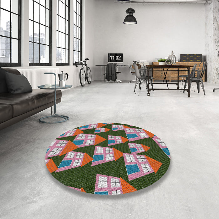 Round Machine Washable Transitional Dark Gray Rug in a Office, wshpat2970