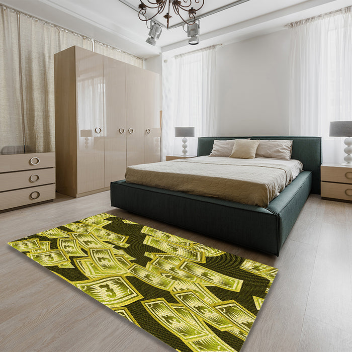 Patterned Bold Yellow Rug in a Bedroom, pat2976yw