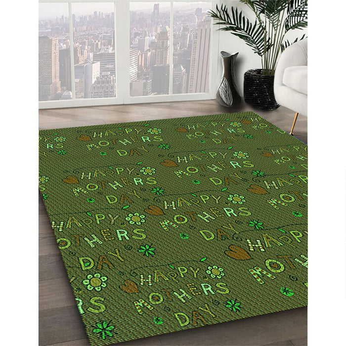 Patterned Dark Lime Green Rug in Family Room, pat2977grn