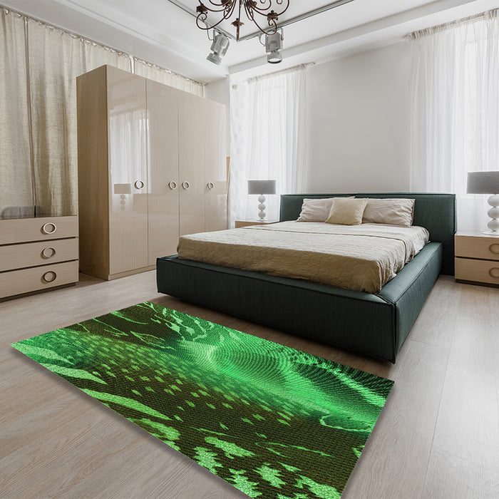 Machine Washable Transitional Dark Forest Green Rug in a Bedroom, wshpat298grn