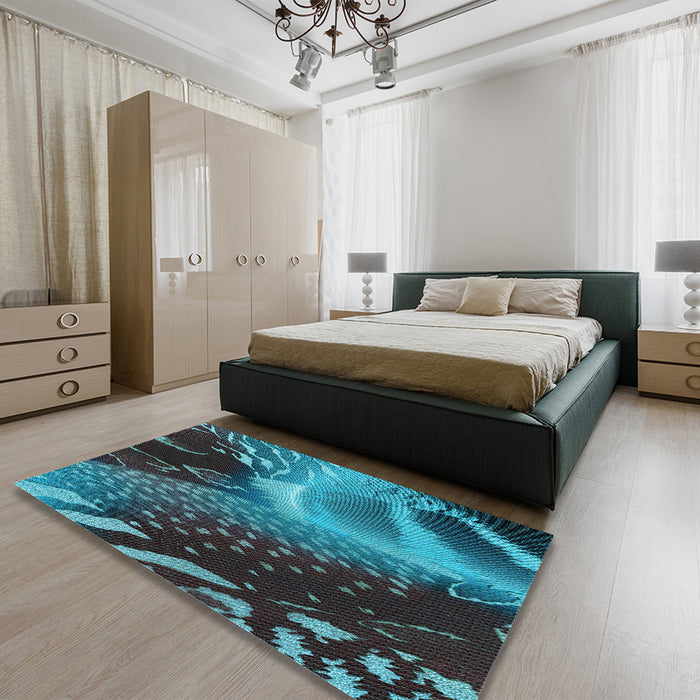 Patterned Dark Turquoise Green Rug in a Bedroom, pat298lblu