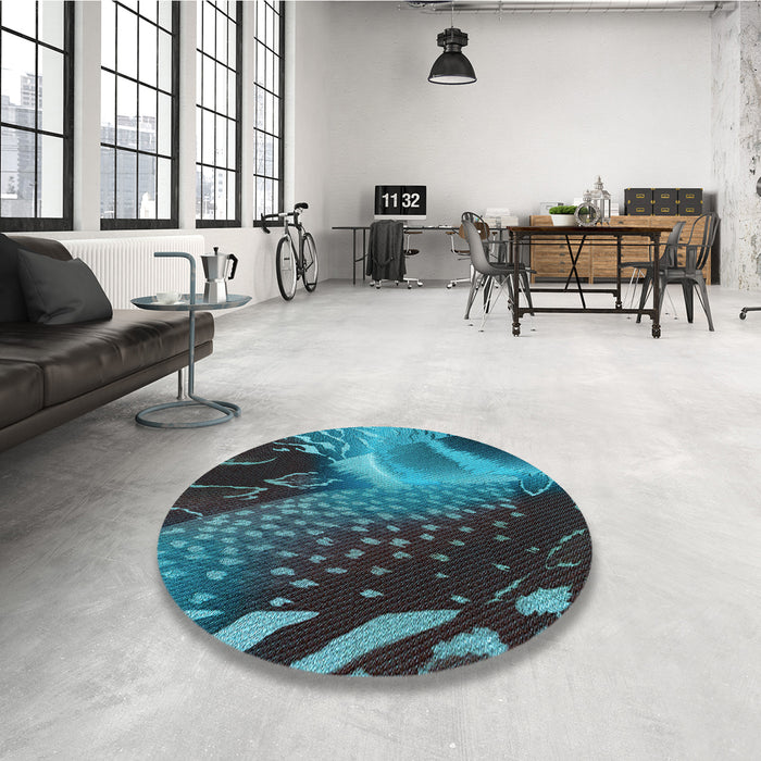 Round Patterned Dark Turquoise Green Rug in a Office, pat298lblu