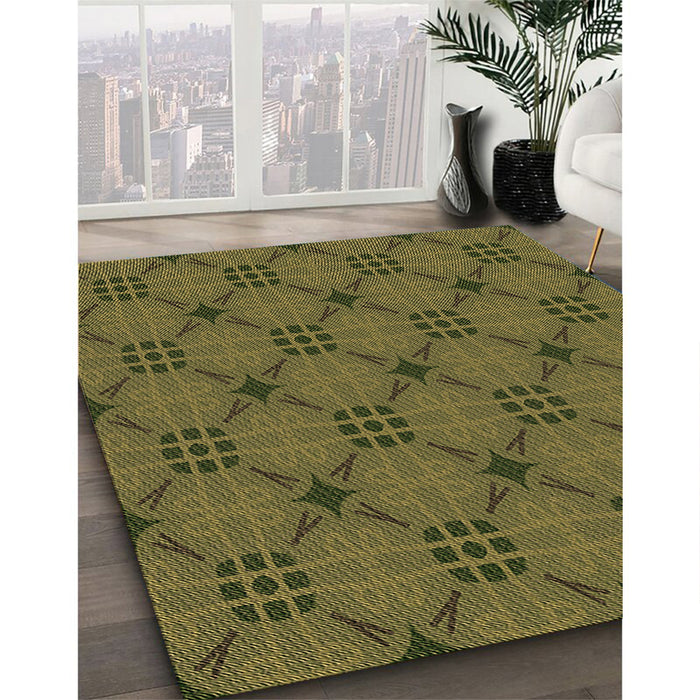 Patterned Dark Yellow Green Rug in Family Room, pat2984brn
